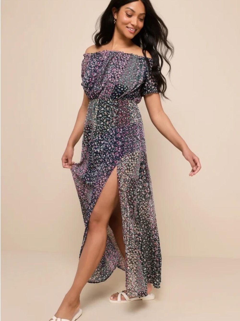 Lulus Neva Navy Blue Floral Print Off-the-shoulder Maxi Dress - Size L - Picture 4 of 14
